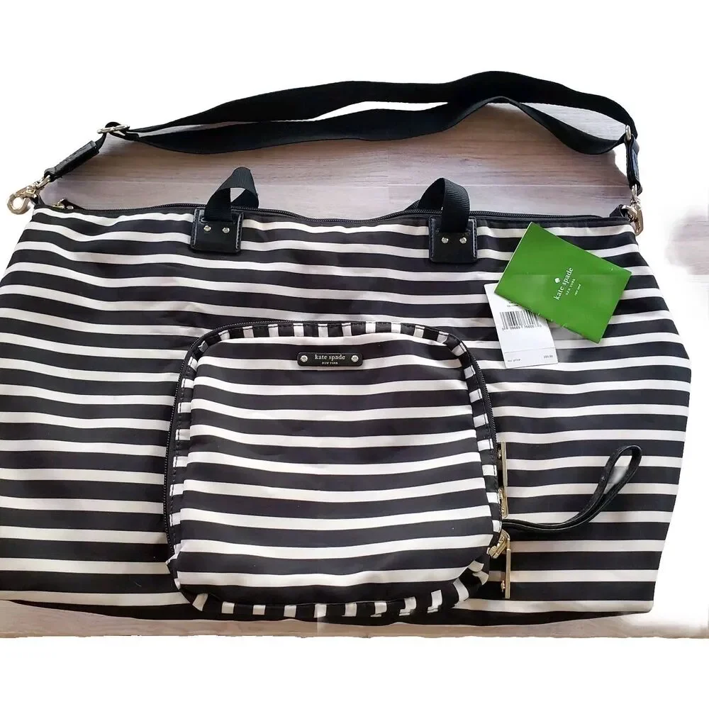 Kate Spade Tote Bag Black Cream Stripe Pink Bon Voyage Travel Bag Baby WKRU261